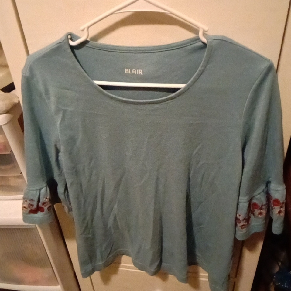 Blair Women's Teal Top with Floral Sleeve Detail